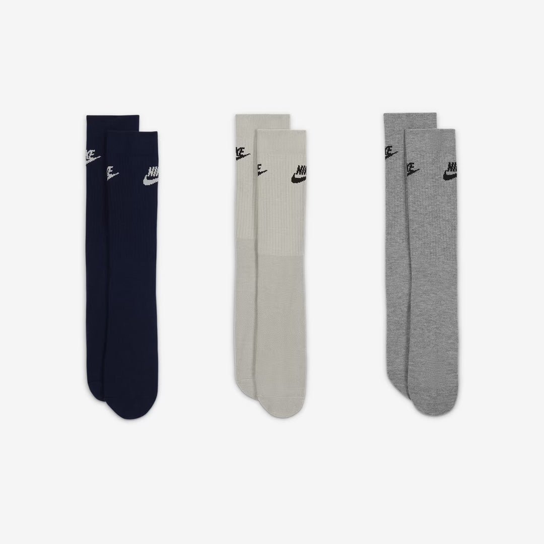 (3 Pairs) Nike Everyday Essential Men’s Women’s Training Crew Socks - Black Cream Grey