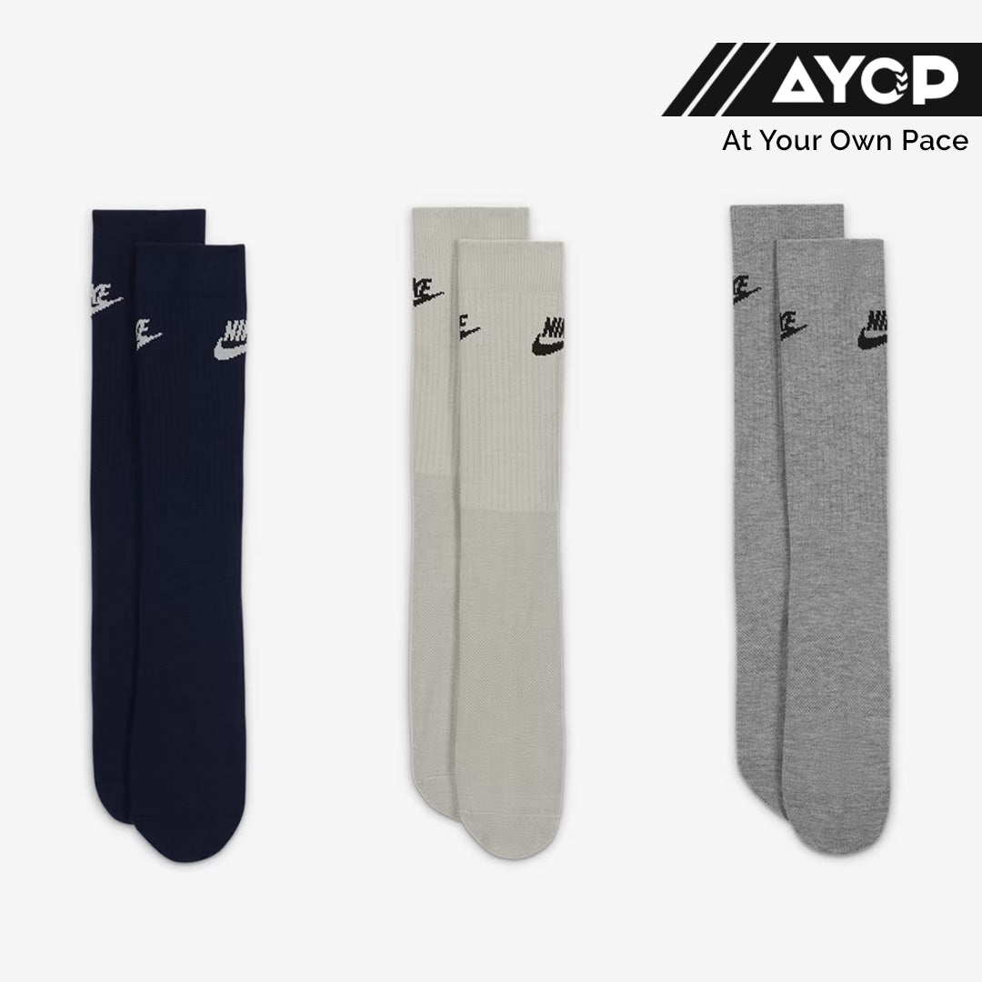 (3 Pairs) Nike Everyday Essential Men’s Women’s Training Crew Socks - Black Cream Grey