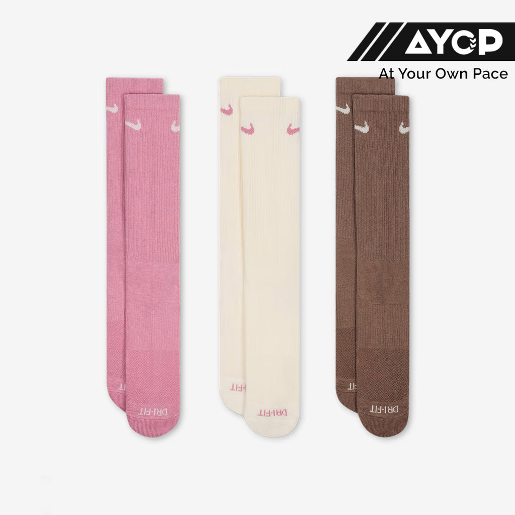 (3 Pair) Nike Everyday Plus Cushioned Training Crew Unisex Training Socks - Pink/Brown/Light Brown