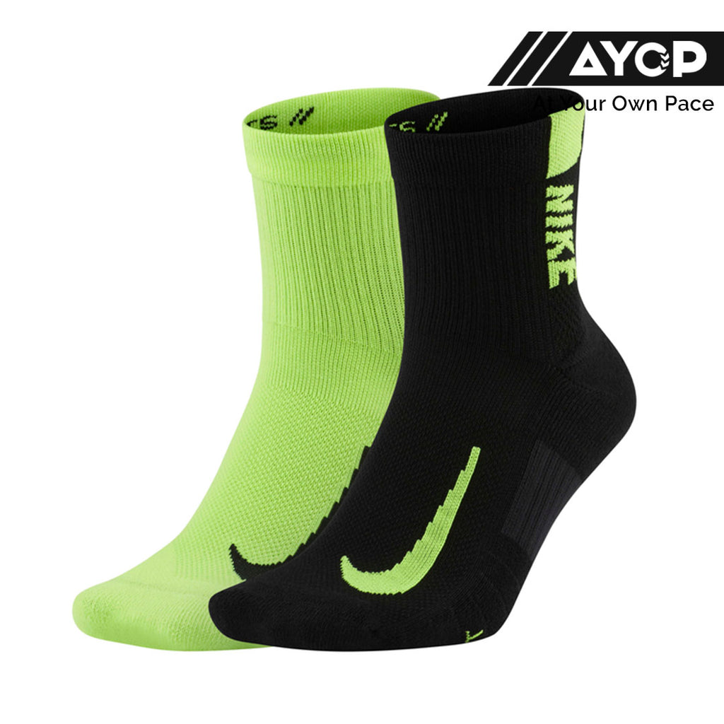(2 Pairs) NK Multiplier Ankle Running Socks - Black Green Volt