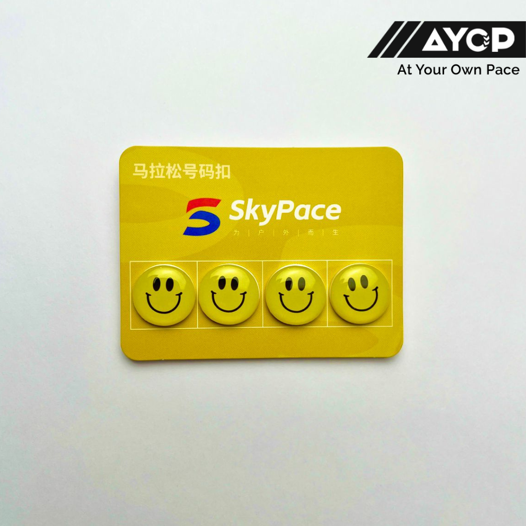 BIB Button Kancing RacePin SkyPace Bukan Magnet Smile Yellow Run White