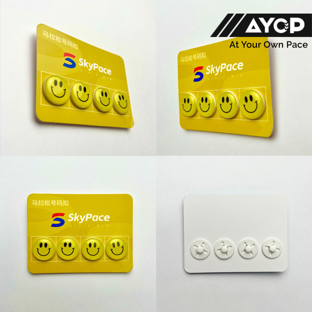 BIB Button Kancing RacePin SkyPace Bukan Magnet Smile Yellow Run White